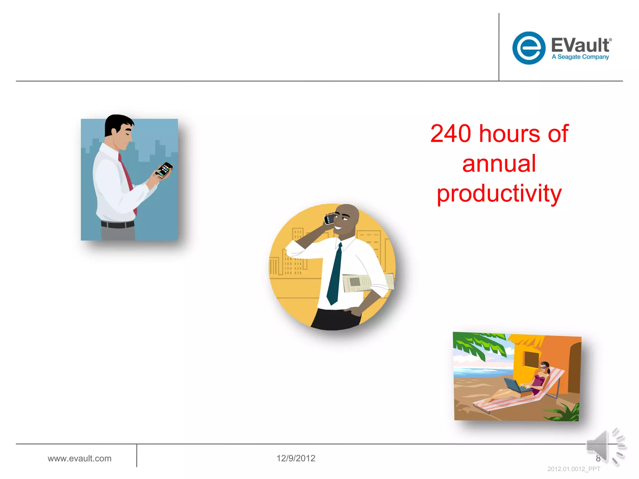 240 hours of
                               annual
                             productivity




www.evault.com   12/9/2012                           8
                                       2012.01.0012_PPT
 