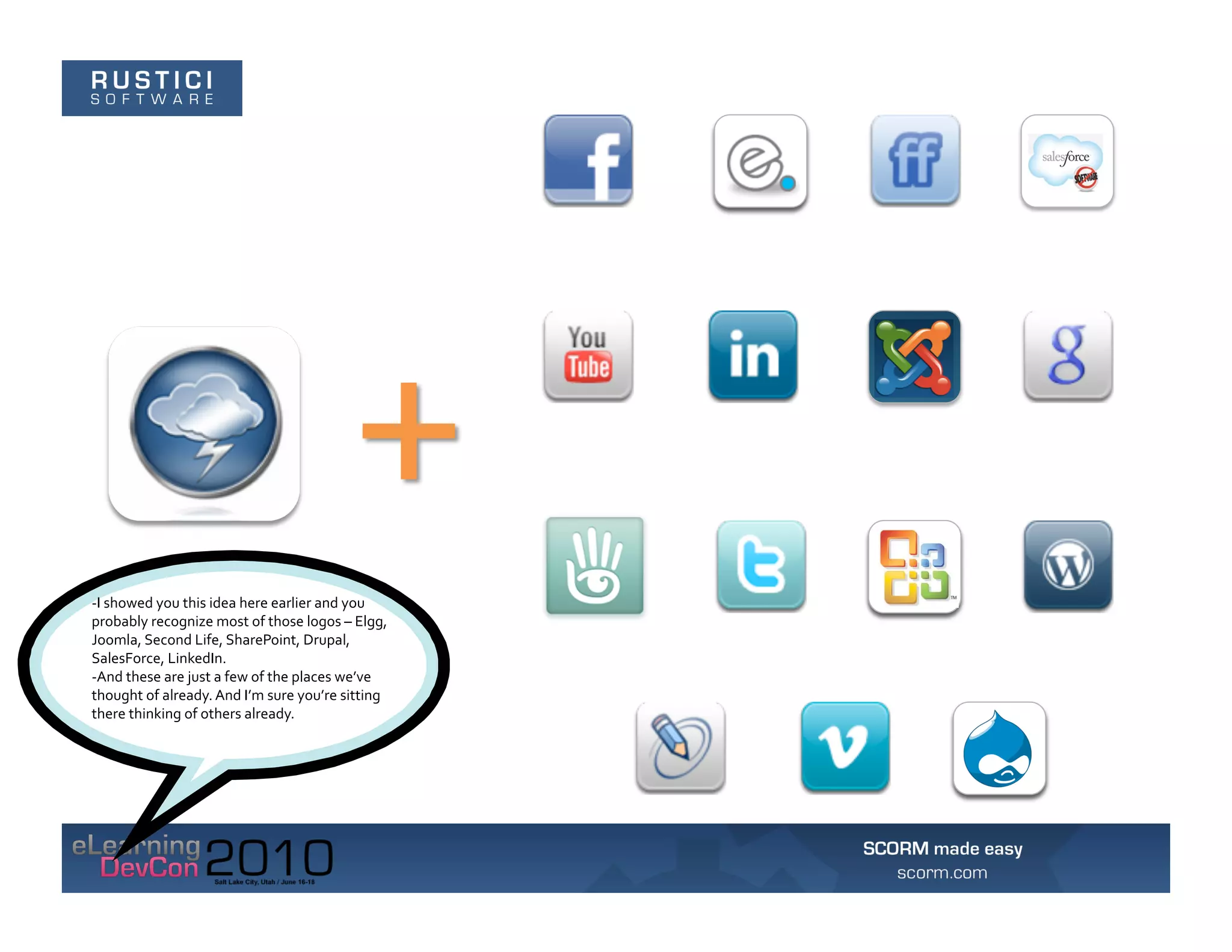 +	
  
-­‐I	
  showed	
  you	
  this	
  idea	
  here	
  earlier	
  and	
  you	
  
probably	
  recognize	
  most	
  of	
  those	
  logos	
  –	
  Elgg,	
  
Joomla,	
  Second	
  Life,	
  SharePoint,	
  Drupal,	
  
SalesForce,	
  LinkedIn.	
  	
  
-­‐And	
  these	
  are	
  just	
  a	
  few	
  of	
  the	
  places	
  we’ve	
  
thought	
  of	
  already.	
  And	
  I’m	
  sure	
  you’re	
  sitting	
  
there	
  thinking	
  of	
  others	
  already.	
  
 