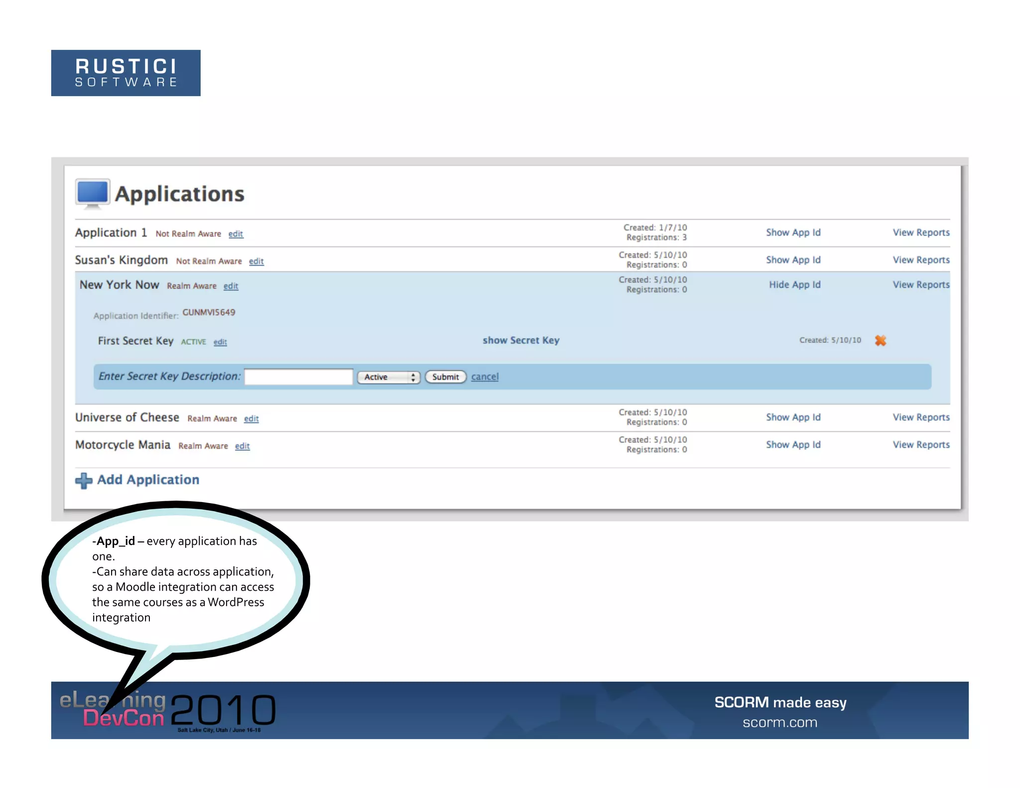 -­‐App_id	
  –	
  every	
  application	
  has	
  
one.	
  
-­‐Can	
  share	
  data	
  across	
  application,	
  
so	
  a	
  Moodle	
  integration	
  can	
  access	
  
the	
  same	
  courses	
  as	
  a	
  WordPress	
  
integration	
  
 