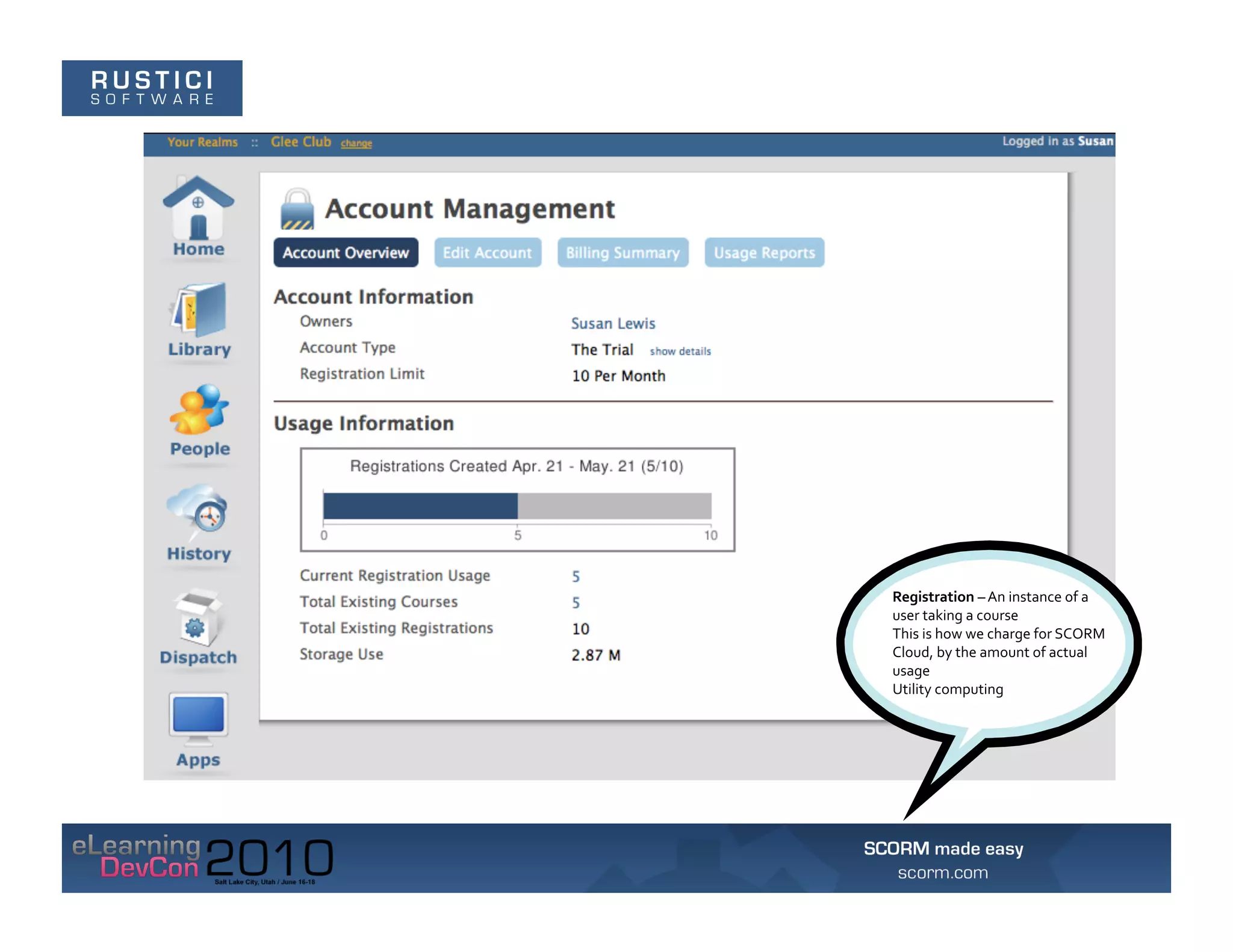 Registration	
  –	
  An	
  instance	
  of	
  a	
  
user	
  taking	
  a	
  course	
  
This	
  is	
  how	
  we	
  charge	
  for	
  SCORM	
  
Cloud,	
  by	
  the	
  amount	
  of	
  actual	
  
usage	
  
Utility	
  computing	
  
 