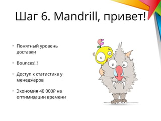 • Понятный уровень
доставки
• Bounces!!!
• Доступ к статистике у
менеджеров
• Экономия 40 000₽ на
оптимизации времени
Шаг 6. Mandrill, привет!
 