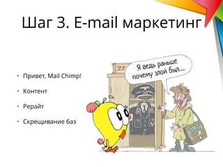 • Привет, Mail Chimp!
• Контент
• Рерайт
• Скрещивание баз
Шаг 3. E-mail маркетинг
Я ведь раньше
почему злой был….
 