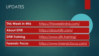 This Week in 4N6 https://thisweekin4n6.com/
About DFIR https://aboutdfir.com/
DFIR Training https://www.dfir.training/
Forensic Focus https://www.forensicfocus.com/
UPDATES
 