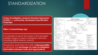STANDARDIZATION
Cyber-investigation Analysis Standard Expression
(CASE) is a community-developed specification
language
https://caseontology.org/
It is intended to serve the needs of the broadest
possible range of cyber-investigation domains,
including digital forensic science
The primary motivation for CASE is interoperability -
to advance the exchange of cyber-investigation
information between tools and organizations.
 