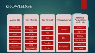 KNOWLEDGE
Mobile OS
Architecture
(Android and iOS)
Versions
Security
Rooting/Jailbreaking
Encryption
Partitions layout
Cloud
File system(s)
EXT4
APFS
exFAT
FAT32
HFS+
F2FS
JFFS2/YAFFS2
File format
SQLite
Plist
XML
Protobuf
Realm
Programming
Python
SQL
Powershell
Forensic
Acquisition
Methods
Manual
Logical
Backup
File System
Physical
Cloud
 
