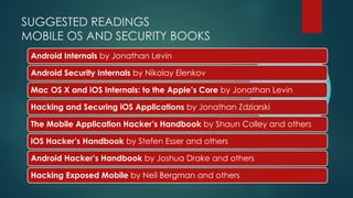 SUGGESTED READINGS
MOBILE OS AND SECURITY BOOKS
Android Internals by Jonathan Levin
Android Security Internals by Nikolay Elenkov
Mac OS X and iOS Internals: to the Apple’s Core by Jonathan Levin
Hacking and Securing iOS Applications by Jonathan Zdziarski
The Mobile Application Hacker’s Handbook by Shaun Colley and others
iOS Hacker’s Handbook by Stefen Esser and others
Android Hacker’s Handbook by Joshua Drake and others
Hacking Exposed Mobile by Neil Bergman and others
 