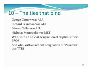 10 – The ties that bind
 George Gamow was ALA
 Richard Feynman was GLY
 Edward Teller was LEU
 Nicholas Metropolis was MET
 Who, with an official designation of “Optimist” was
 PRO?
 And who, with an official designation of “Pessimist”
 was TYR?




                                                        20
 