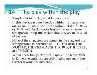 14 – The play within the play
 The play within a play is old hat, of course.
 In this particular case, the play within the play was an
 actual one, an older one by the author titled “The Rules
 of the Game”. As the actors begin to rehearse, some
 strangers show up and explain that they are unfinished
 characters.
 None of the characters are named in the play, and the
 strangers are just specified as – THE FATHER, THE
 MOTHER, THE STEP-DAUGHTER, BOY, THE CHILD,
 and THE SON.
 When it was first performed in 1921 at the Teatro Valle
 in Rome, the author supposedly had to run out of the
 theater to avoid the audience.
                                                        28
 