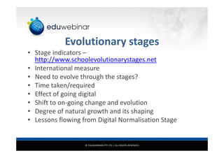 © EDUWEBINAR PTY LTD | ALL RIGHTS RESERVED
Evolutionary stages
• Stage indicators –
http://www.schoolevolutionarystages.net
• International measure
• Need to evolve through the stages?
• Time taken/required
• Effect of going digital
• Shift to on-going change and evolution
• Degree of natural growth and its shaping
• Lessons flowing from Digital Normalisation Stage
 
