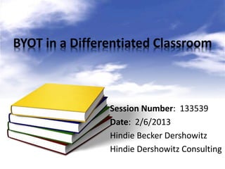 BYOT in a Differentiated Classroom
Session Number: 133539
Date: 2/6/2013
Hindie Becker Dershowitz
Hindie Dershowitz Consulting
 