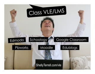 Edmodo Google Classroom
Moodle Edublogs
Schoology
Pbworks
Class VLE/LMS
ShellyTerrell.com/vle
 