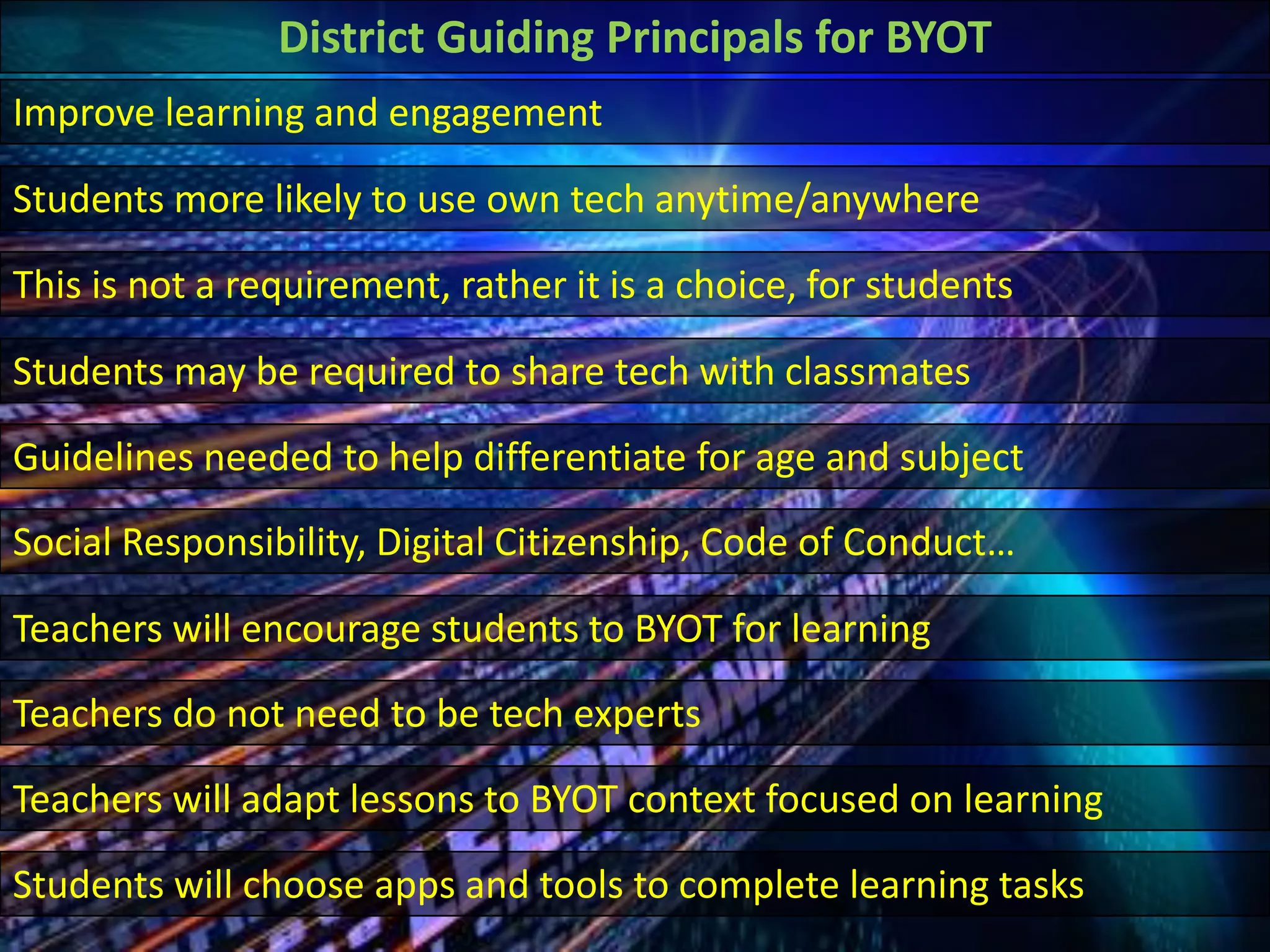 Improve learning and engagement
Students more likely to use own tech anytime/anywhere
This is not a requirement, rather it is a choice, for students
Students may be required to share tech with classmates
Guidelines needed to help differentiate for age and subject
Social Responsibility, Digital Citizenship, Code of Conduct…
Teachers will encourage students to BYOT for learning
Teachers do not need to be tech experts
Teachers will adapt lessons to BYOT context focused on learning
Students will choose apps and tools to complete learning tasks
District Guiding Principals for BYOT