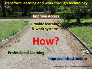 Transform learning and work through technology
How?
Improve infrastructure
Professional Learning
Provide learning
& work systems
Improve Access
 