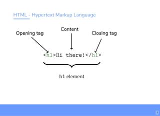HTML - Hypertext Markup Language
<h1>Hi there!</h1>
Opening tag
h1 element
Closing tag
bit.ly/website-la
Content
7
 