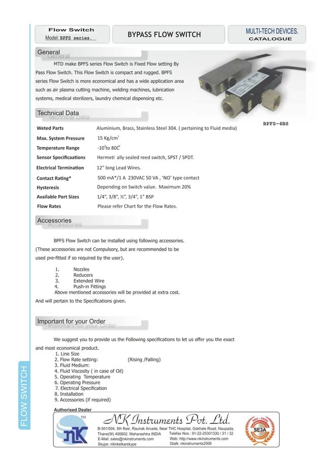 Bypass Flow Switch BPFS Series PDF
