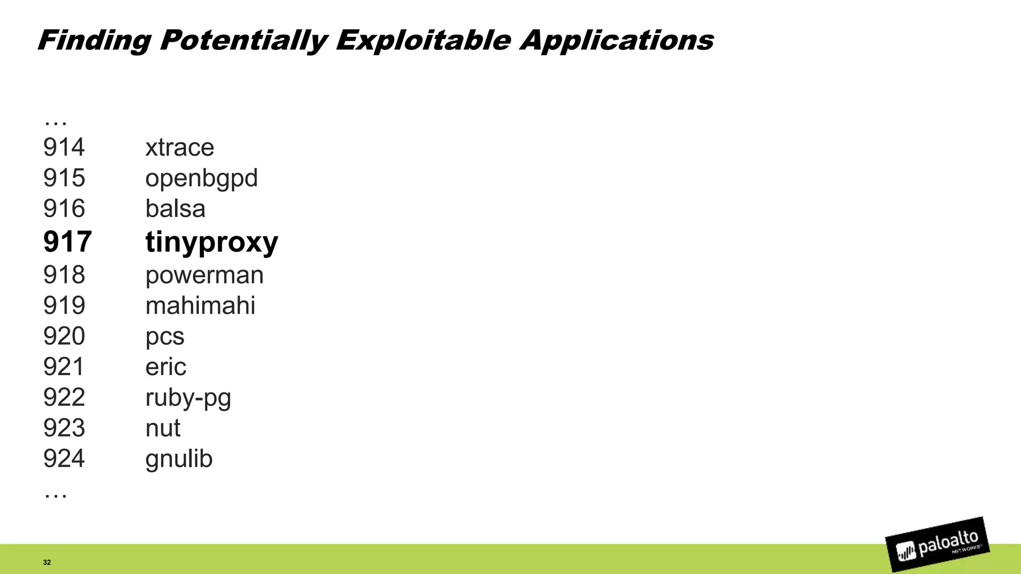 Finding Potentially Exploitable Applications
…
914 xtrace
915 openbgpd
916 balsa
917 tinyproxy
918 powerman
919 mahimahi
920 pcs
921 eric
922 ruby-pg
923 nut
924 gnulib
…
32
 
