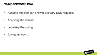 Reply Arbitrary DNS
• Assume attacker can answer arbitrary DNS requests
• Acquiring the domain
• Local Arp Poisoning
• Any other way ..
11
 