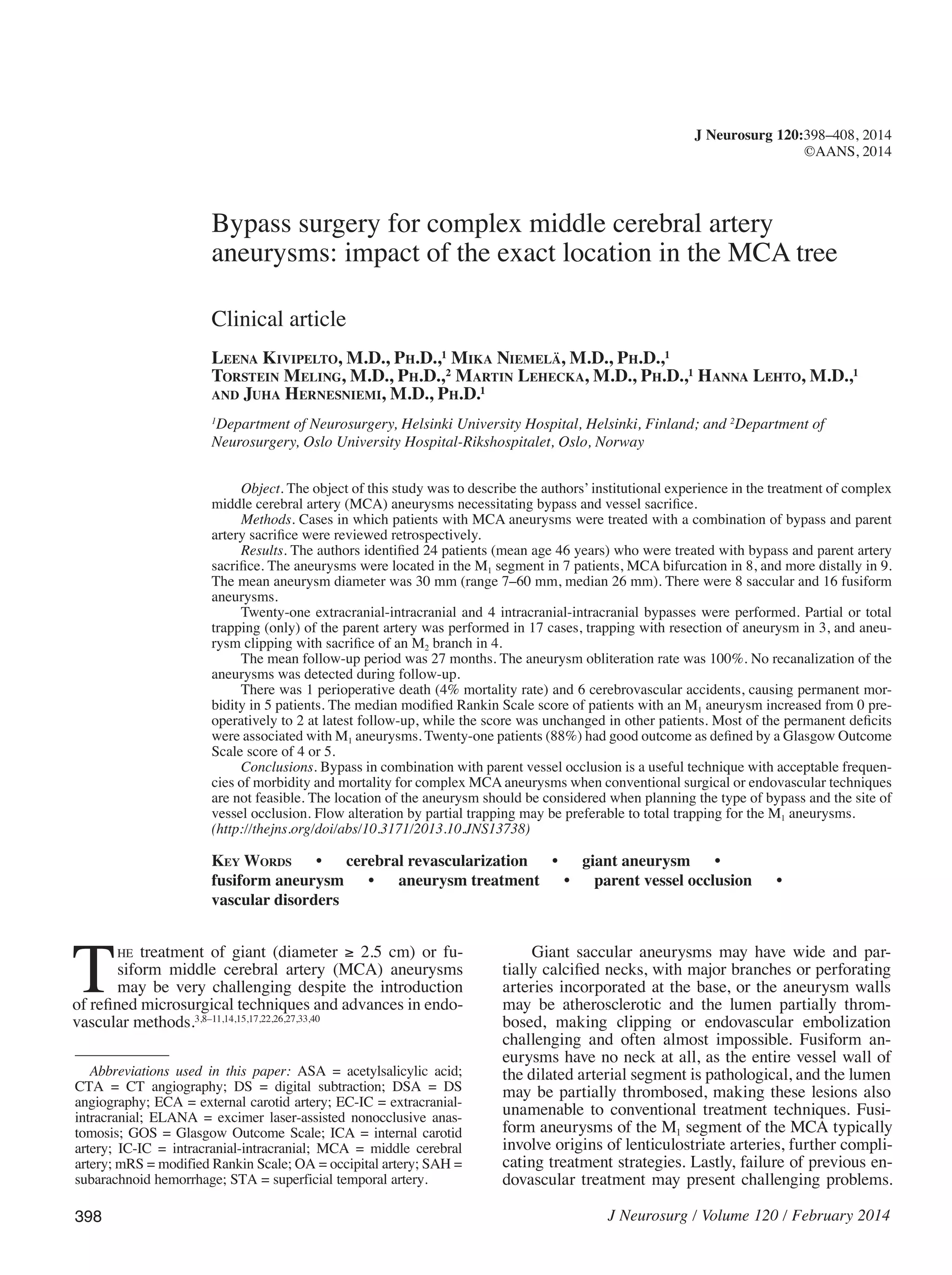 Bypass surgery for complex middle cerebral artery aneurysms | PDF