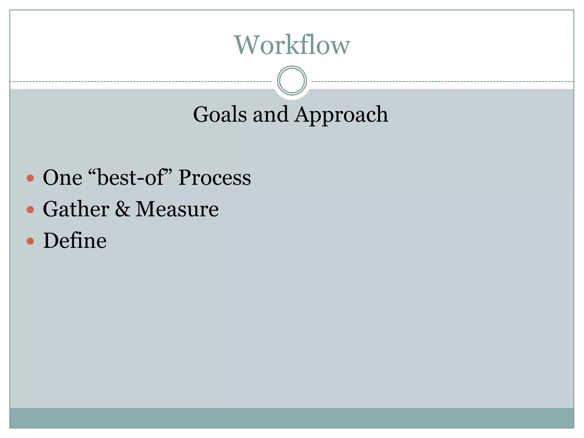 Workflow

                 Goals and Approach

 One “best-of” Process
 Gather & Measure
 Define
 