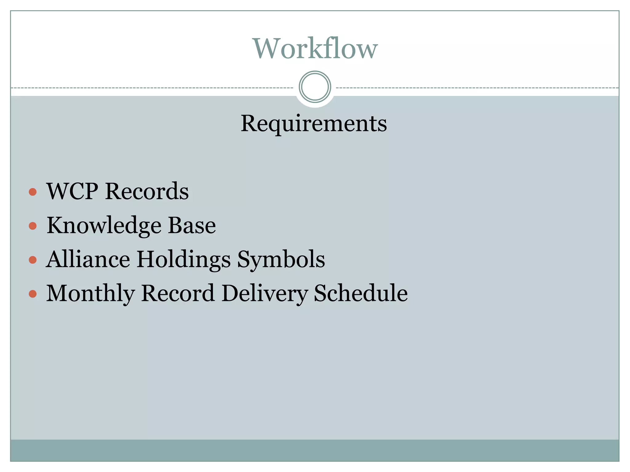 Workflow

                   Requirements

 WCP Records
 Knowledge Base
 Alliance Holdings Symbols
 Monthly Record Delivery Schedule
 