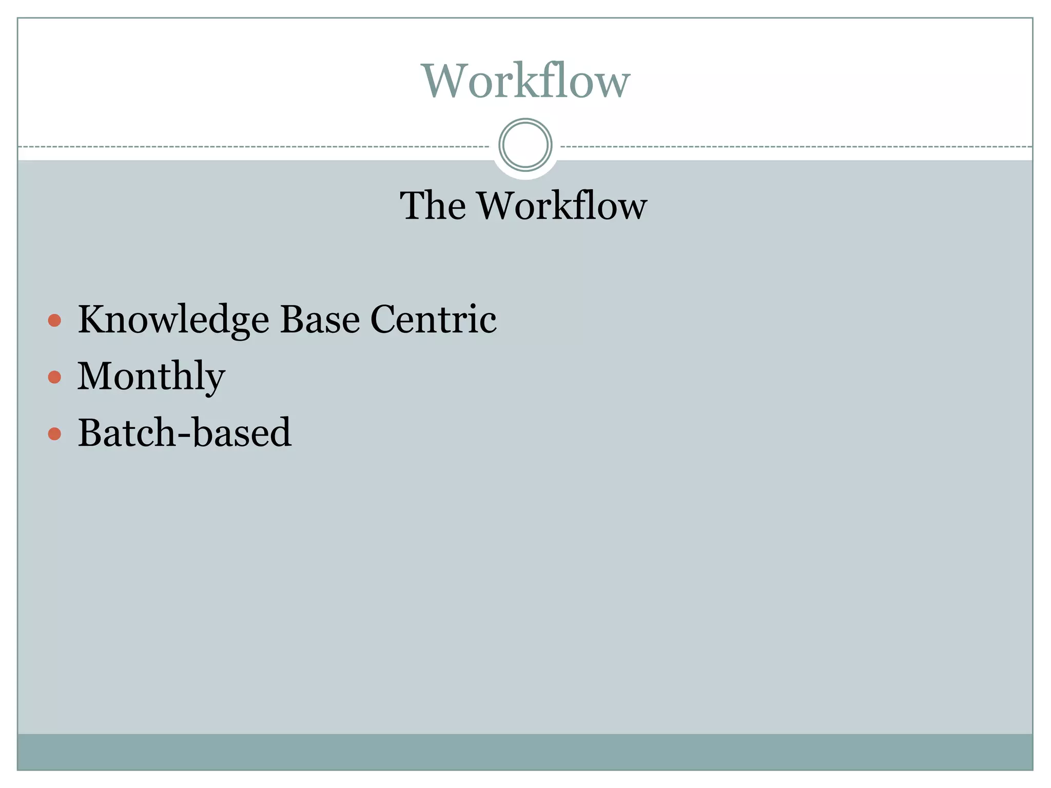 Workflow

                  The Workflow

 Knowledge Base Centric
 Monthly
 Batch-based
 