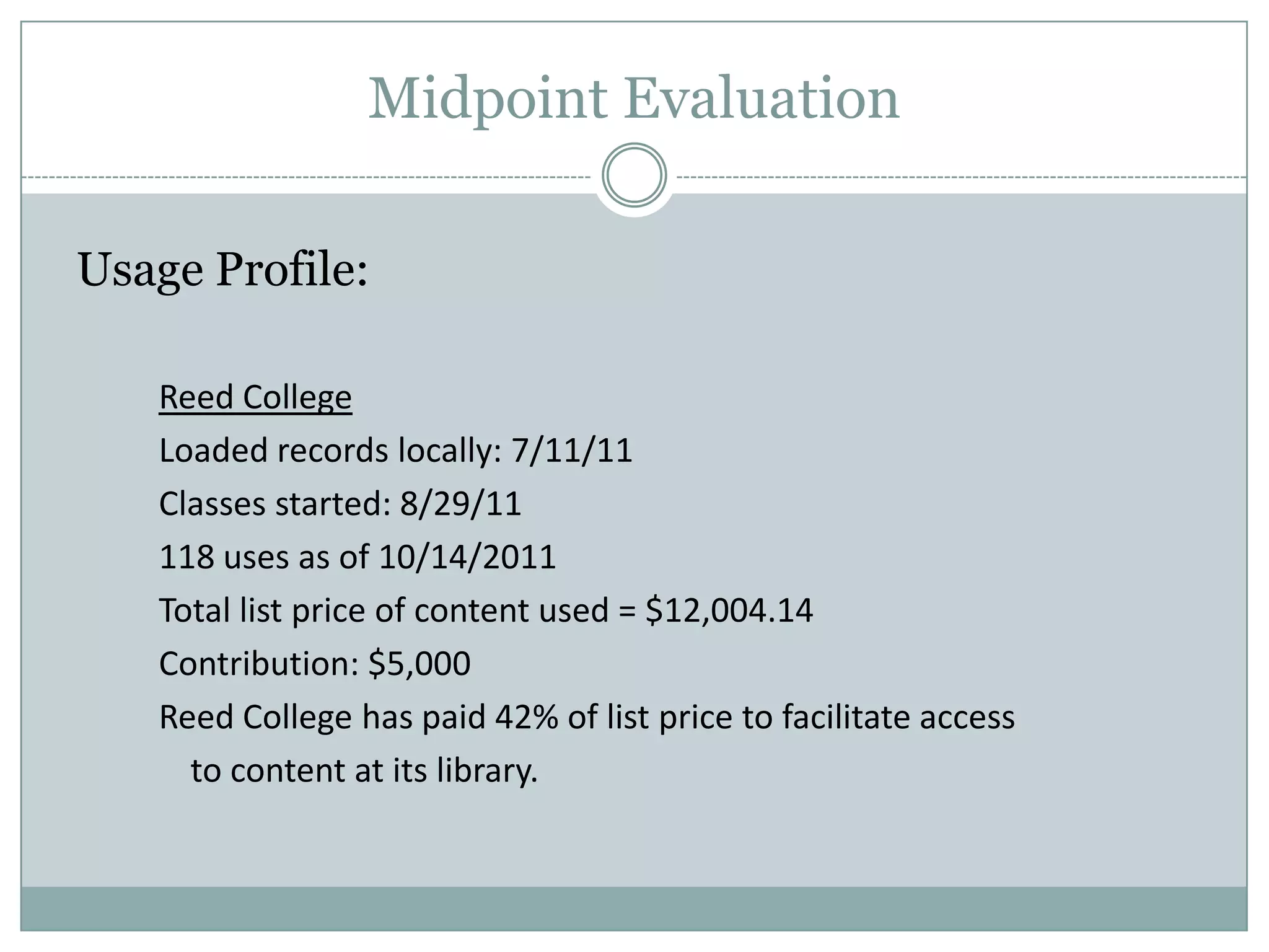Midpoint Evaluation

Usage Profile:

   Reed College
   Loaded records locally: 7/11/11
   Classes started: 8/29/11
   118 uses as of 10/14/2011
   Total list price of content used = $12,004.14
   Contribution: $5,000
   Reed College has paid 42% of list price to facilitate access
     to content at its library.
 