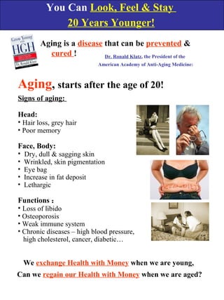 You Can  Look, Feel & Stay  20 Years Younger! Aging is a  disease  that can be  prevented  &  cured  ! Dr. Ronald Klatz , the President of the  American Academy of Anti-Aging Medicine: Aging ,  starts after the age of 20! ,[object Object],[object Object],[object Object],[object Object],[object Object],[object Object],[object Object],[object Object],[object Object],[object Object],[object Object],[object Object],[object Object],[object Object],[object Object],We  exchange Health with Money  when we are young,  Can we  regain our Health with Money  when we are aged? 