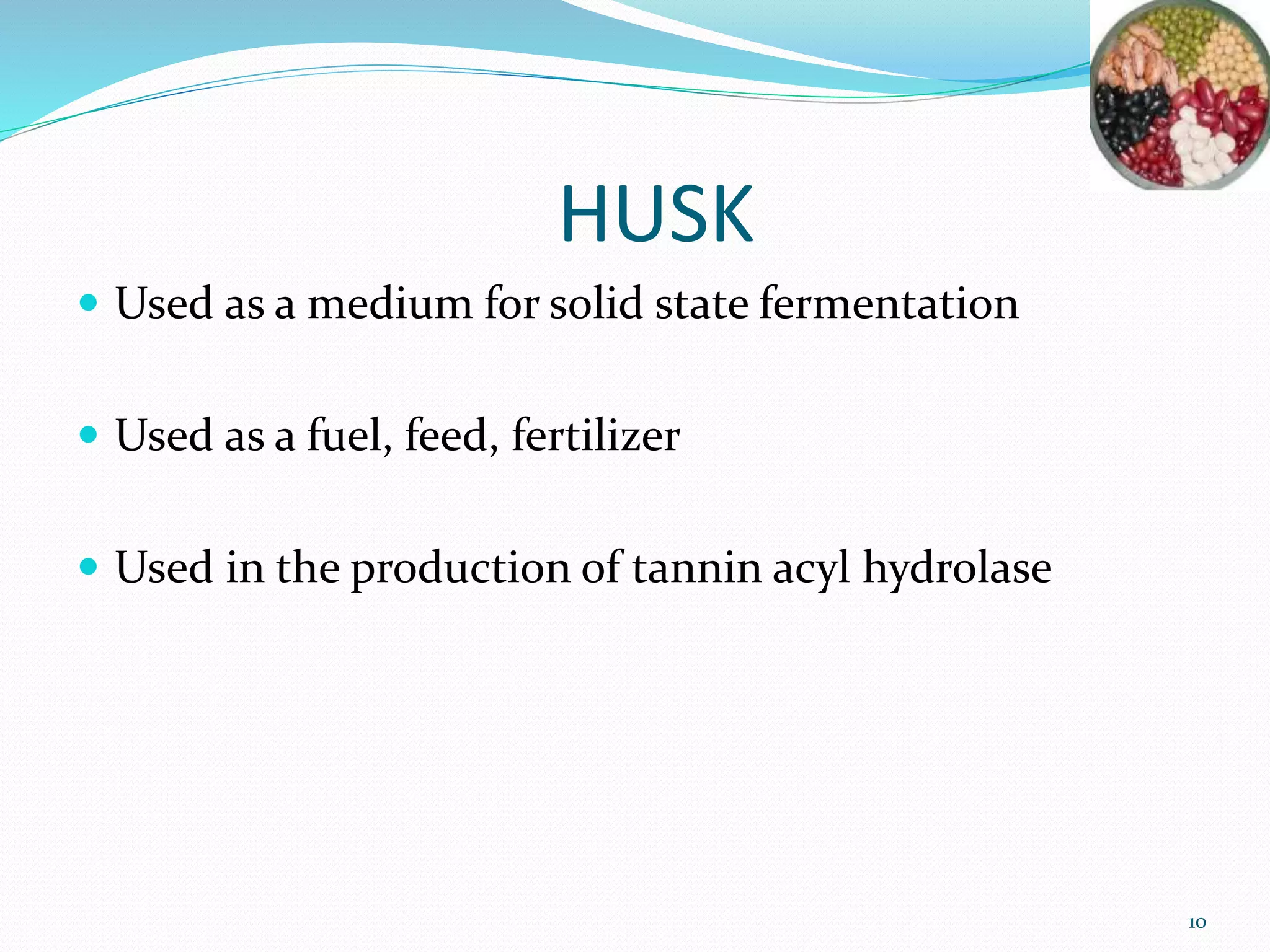 HUSK
 Used as a medium for solid state fermentation
 Used as a fuel, feed, fertilizer
 Used in the production of tannin acyl hydrolase
10
 