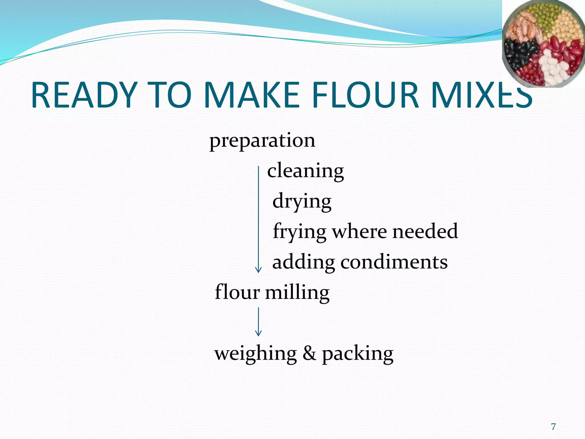 READY TO MAKE FLOUR MIXES
preparation
cleaning
drying
frying where needed
adding condiments
flour milling
weighing & packing
7
 