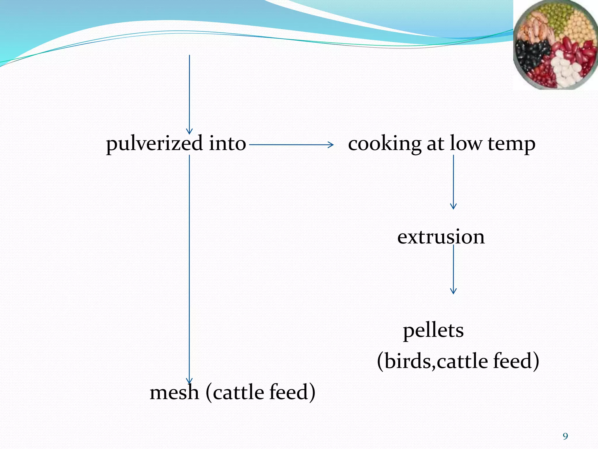pulverized into cooking at low temp
extrusion
pellets
(birds,cattle feed)
mesh (cattle feed)
9
 