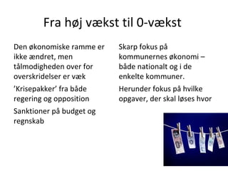 Fra høj vækst til 0-vækst
Den økonomiske ramme er   Skarp fokus på
ikke ændret, men          kommunernes økonomi –
tålmodigheden over for    både nationalt og i de
overskridelser er væk     enkelte kommuner.
’Krisepakker’ fra både    Herunder fokus på hvilke
regering og opposition    opgaver, der skal løses hvor
Sanktioner på budget og
regnskab
 