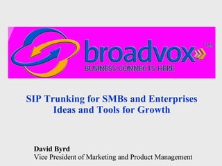 David Byrd Vice President of Marketing and Product Management SIP Trunking for SMBs and Enterprises Ideas and Tools for Growth 