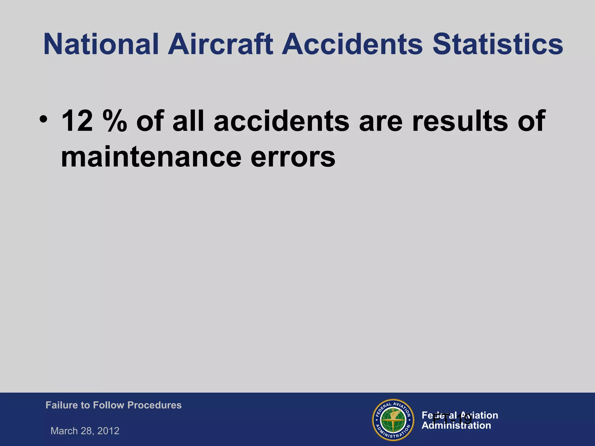 Federal Aviation
Administration
Failure to Follow Procedures
March 28, 2012
FT-19
National Aircraft Accidents Statistics
• 12 % of all accidents are results of
maintenance errors
 