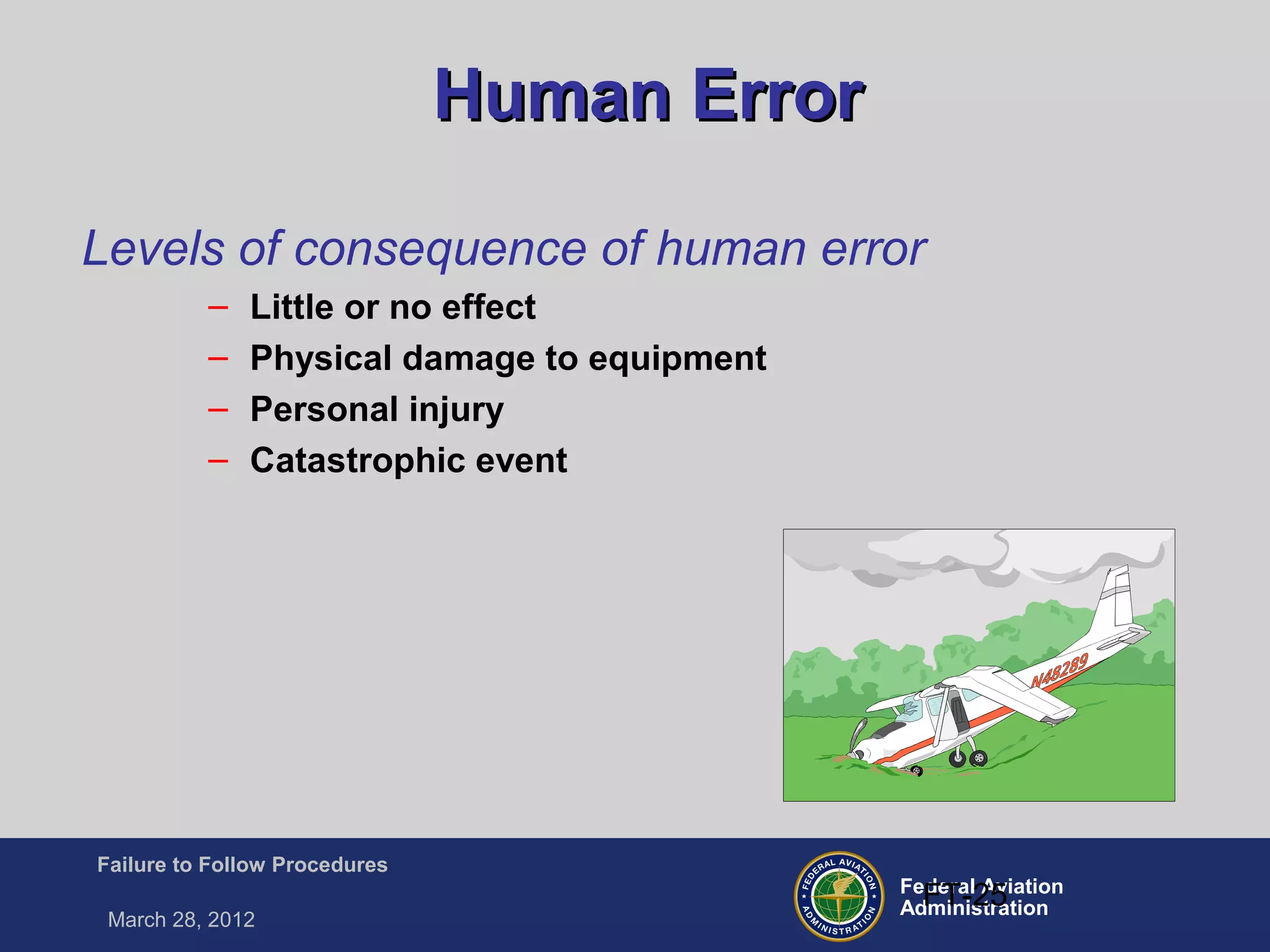 Federal Aviation
Administration
Failure to Follow Procedures
March 28, 2012
FT-25
Human ErrorHuman Error
Levels of consequence of human error
– Little or no effect
– Physical damage to equipment
– Personal injury
– Catastrophic event
 