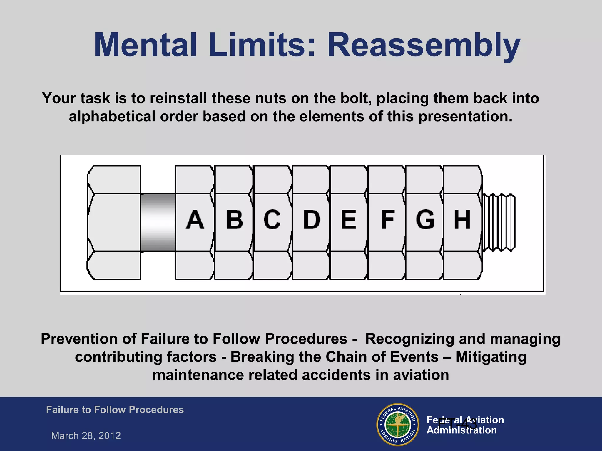 Federal Aviation
Administration
Failure to Follow Procedures
March 28, 2012
FT-43
Mental Limits: Reassembly
Prevention of Failure to Follow Procedures - Recognizing and managing
contributing factors - Breaking the Chain of Events – Mitigating
maintenance related accidents in aviation
Your task is to reinstall these nuts on the bolt, placing them back into
alphabetical order based on the elements of this presentation.
 