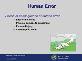 Federal Aviation
Administration
Failure to Follow Procedures
March 28, 2012
FT-25
Human ErrorHuman Error
Levels of consequence of human error
– Little or no effect
– Physical damage to equipment
– Personal injury
– Catastrophic event
 