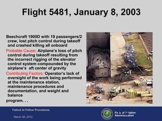 Federal Aviation
Administration
Failure to Follow Procedures
March 28, 2012
FT-28
Flight 5481, January 8, 2003
Beechcraft 1900D with 19 passengers/2
crew, lost pitch control during takeoff
and crashed killing all onboard
Probable Cause: Airplane’s loss of pitch
control during takeoff resulting from
the incorrect rigging of the elevator
control system compounded by the
airplane’s aft center of gravity
Contributing Factors: Operator’s lack of
oversight of the work being performed
at the maintenance station,
maintenance procedures and
documentation, and weight and
balance
program. . .
 