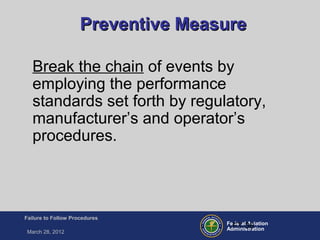 Federal Aviation
Administration
Failure to Follow Procedures
March 28, 2012
FT-36
Preventive MeasurePreventive Measure
Break the chain of events by
employing the performance
standards set forth by regulatory,
manufacturer’s and operator’s
procedures.
 