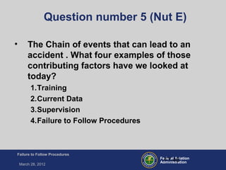 Federal Aviation
Administration
Failure to Follow Procedures
March 28, 2012
FT-48
Question number 5 (Nut E)
• The Chain of events that can lead to an
accident . What four examples of those
contributing factors have we looked at
today?
1.Training
2.Current Data
3.Supervision
4.Failure to Follow Procedures
 