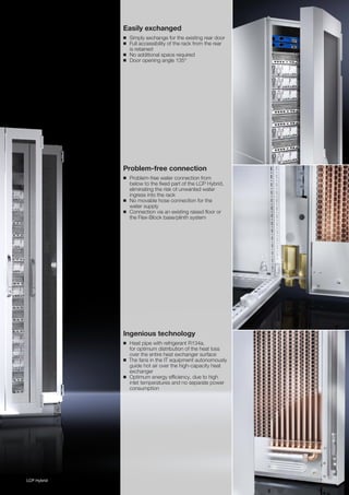 Easily exchanged
◾ Simply exchange for the existing rear door
◾ Full accessibility of the rack from the rear
is retained
◾ No additional space required
◾ Door opening angle 135°
Problem-free connection
◾ Problem-free water connection from
below to the ﬁxed part of the LCP Hybrid,
eliminating the risk of unwanted water
ingress into the rack
◾ No movable hose connection for the
water supply
◾ Connection via an existing raised ﬂoor or
the Flex-Block base/plinth system
Ingenious technology
◾ Heat pipe with refrigerant R134a,
for optimum distribution of the heat loss
over the entire heat exchanger surface
◾ The fans in the IT equipment autonomously
guide hot air over the high-capacity heat
exchanger
◾ Optimum energy efficiency, due to high
inlet temperatures and no separate power
consumption
LCP Hybrid 7
 