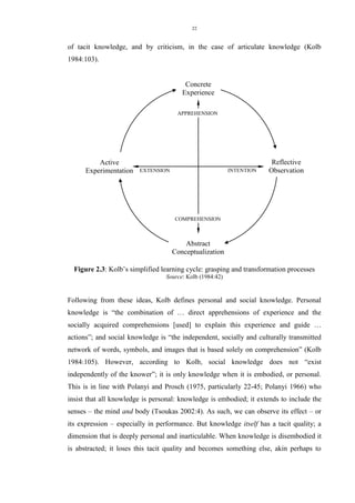 22 
of tacit knowledge, and by criticism, in the case of articulate knowledge (Kolb 1984:103). 
Figure 2.3: Kolb‟s simplified learning cycle: grasping and transformation processes 
Source: Kolb (1984:42) 
Following from these ideas, Kolb defines personal and social knowledge. Personal knowledge is “the combination of … direct apprehensions of experience and the socially acquired comprehensions [used] to explain this experience and guide … actions”; and social knowledge is “the independent, socially and culturally transmitted network of words, symbols, and images that is based solely on comprehension” (Kolb 1984:105). However, according to Kolb, social knowledge does not “exist independently of the knower”; it is only knowledge when it is embodied, or personal. This is in line with Polanyi and Prosch (1975, particularly 22-45; Polanyi 1966) who insist that all knowledge is personal: knowledge is embodied; it extends to include the senses – the mind and body (Tsoukas 2002:4). As such, we can observe its effect – or its expression – especially in performance. But knowledge itself has a tacit quality; a dimension that is deeply personal and inarticulable. When knowledge is disembodied it is abstracted; it loses this tacit quality and becomes something else, akin perhaps to 
Concrete Experience 
Reflective Observation 
Abstract Conceptualization 
Active Experimentation 
APPREHENSION 
COMPREHENSION 
EXTENSION 
INTENTION  