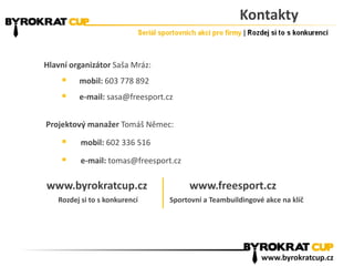 Kontakty
Hlavní organizátor Saša Mráz:
 mobil: 603 778 892
 e-mail: sasa@freesport.cz
Projektový manažer Tomáš Němec:
 mobil: 602 336 516
 e-mail: tomas@freesport.cz
www.byrokratcup.cz www.freesport.cz
Rozdej si to s konkurencí Sportovní a Teambuildingové akce na klíč
www.byrokratcup.cz
 