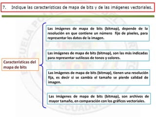 Características del 
mapa de bits 
Las imágenes de mapa de bits (bitmap), depende de la 
resolución en que contiene un número fijo de pixeles, para 
representar los datos de la imagen. 
Las imágenes de mapa de bits (bitmap), son las más indicadas 
para representar sutilezas de tonos y colores. 
Las imágenes de mapa de bits (bitmap), tienen una resolución 
fija, es decir si se cambia el tamaño se pierde calidad de 
imagen. 
Las imágenes de mapa de bits (bitmap), son archivos de 
mayor tamaño, en comparación con los gráficos vectoriales. 
 