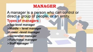 MANAGER
A manager is a person who can control or
direct a group of people, or an entity.
Types of managers :
Top-level manager
Middle – level manager
Lower –level manager
Generalist manager
Functional manager
Staff manager