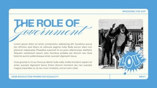 Government
THE ROLE OF
Lorem ipsum dolor sit amet, consectetur adipiscing elit. Curabitur purus
dui, efficitur quis libero id, vehicula sagittis nulla. Nulla auctor diam non
placerat malesuada. Phasellus euismod mi eu justo ullamcorper eleifend.
Aliquam vestibulum ipsum odio, faucibus sodales est dictum nec. Duis
lobortis auctor pellentesque amet, suscipit dignissim lacus.
Cras gravida in mi eu rhoncus. Morbi nulla nulla, mollis tincidunt sapien sit
amet, suscipit dignissim lacus. Etiam dictum tincidunt dui, nec suscipit
magna imperdiet ut. Ut nec nunc molestie, rutrum sem vitae.
HOW EDUCATION PROMOTES EQUALITY
BRIDGING THE GAP
NEXT
 