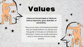 Values
Values are the principals or ideals we
hold as important, good, desirable, or
worthwhile.
They are our basic and fundamental beliefs
that are closely linked to our identity and
they guide or motivate our attitudes and
behaviours. Values are usually stated as a
word or short phrase and are usually
positive.
 