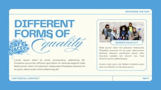 DIFFERENT
FORMS OF
Equality
Lorem ipsum dolor sit amet, consectetur adipiscing elit.
Curabitur purus dui, efficitur quis libero id, vehicula sagittis nulla.
Nulla auctor diam non placerat malesuada. Phasellus euismod mi
eu justo ullamcorper amet adipiscing elit.
Nulla auctor diam non placerat malesuada.
Phasellus euismod mi eu justo ullamcorper
eleifend. Aliquam vestibulum ipsum odio,
faucibus sodales est dictum nec. Duis
lobortis auctor pellentesque.
Donec vitae justo nisi. Nullam molestie justo
quis orci blandit, eu faucibus purus.
GENDER EQUALITY
HISTORICAL CONTEXT
BRIDGING THE GAP
NEXT
 