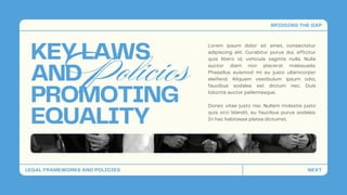KEY LAWS
AND
PROMOTING
EQUALITY
Policies
Lorem ipsum dolor sit amet, consectetur
adipiscing elit. Curabitur purus dui, efficitur
quis libero id, vehicula sagittis nulla. Nulla
auctor diam non placerat malesuada.
Phasellus euismod mi eu justo ullamcorper
eleifend. Aliquam vestibulum ipsum odio,
faucibus sodales est dictum nec. Duis
lobortis auctor pellentesque.
Donec vitae justo nisi. Nullam molestie justo
quis orci blandit, eu faucibus purus sodales.
In hac habitasse platea dictumst.
LEGAL FRAMEWORKS AND POLICIES
BRIDGING THE GAP
NEXT
 