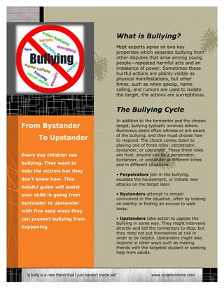 What is Bullying?
Most experts agree on two key
properties which separate bullying from
other disputes that arise among young
people—repeated harmful acts and an
imbalance of power. Sometimes these
hurtful actions are plainly visible as
physical manifestations, but other
times, such as when gossip, name
calling, and rumors are used to isolate
the target, the actions are surreptitious.
The Bullying Cycle
In addition to the tormentor and the chosen
target, bullying typically involves others.
Numerous peers often witness or are aware
of the bullying, and they must choose how
to respond. The choice comes down to
playing one of three roles: perpetrator,
bystander, or upstander. These three roles
are fluid; anyone can be a perpetrator,
bystander, or upstander at different times
and in different situations.
• Perpetrators join in the bullying,
escalate the harassment, or initiate new
attacks on the target later.
• Bystanders attempt to remain
uninvolved in the situation, often by looking
on silently or finding an excuse to walk
away.
• Upstanders take action to oppose the
bullying in some way. They might intervene
directly and tell the tormentors to stop, but
they need not put themselves at risk in
order to be helpful. Upstanders might also
respond in other ways such as making
friends with the targeted student or seeking
help from adults.
“a bully is a new friend that I just haven’t made yet” www.scrantonmma.com
From Bystander
To Upstander
Every day children see
bullying. They want to
help the victims but they
don’t know how. This
helpful guide will assist
your child in going from
bystander to upstander
with five easy ways they
can prevent bullying from
happening.
 