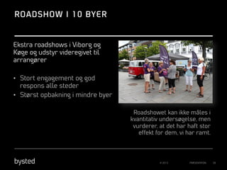 ROADSHOW I 10 BYER

Ekstra roadshows i Viborg og
Køge og udstyr videregivet til
arrangører
•  Stort engagement og god
respons alle steder
•  Størst opbakning i mindre byer
Roadshowet kan ikke måles i
kvantitativ undersøgelse, men
vurderer, at det har haft stor
effekt for dem, vi har ramt.

© 2013

PRÆSENTATION

26

 